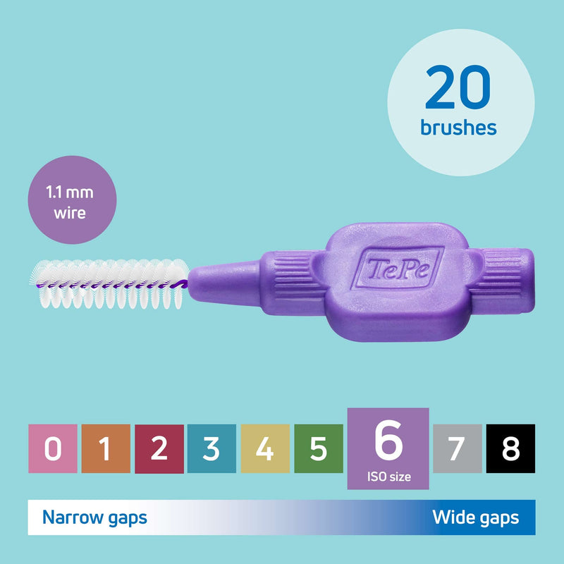 [Australia] - TePe Interdental Brush, Original, Purple, 1.1 mm/ISO 6, 20pcs, plaque removal, efficient clean between the teeth, tooth floss, for narrow gaps 1x20 pcs Purple (Size 6) 