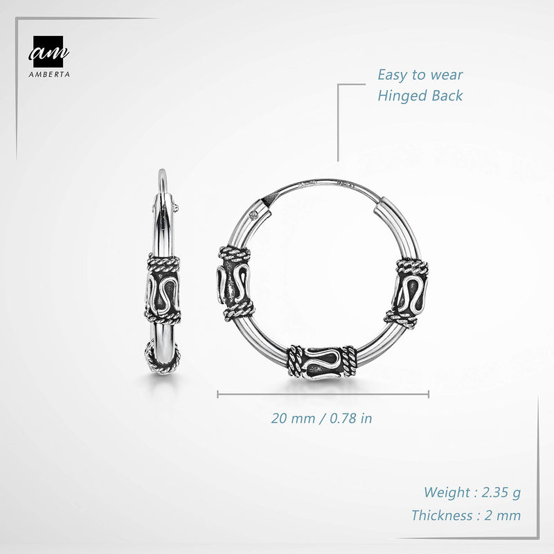 [Australia] - Amberta Fine 925 Sterling Silver - Circle Endless Bohemian Hoops - Round Sleeper Bali Tribal Earrings - Various Models Zigzag 20 Mm 