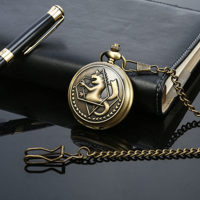 [Australia] - Fullmetal Alchemist Pocket Watch with Chain for Cosplay Vintage Accessories Anime Edward Elric Quartz Watch Alchemist-Bronze 