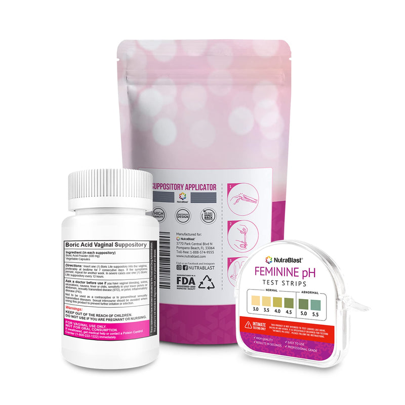 [Australia] - NutraBlast Boric Acid Vaginal Suppositories 600mg (30 Count) w/NutraBlast Disposable Vaginal Suppository Applicators (15-Pack) and Feminine pH Test Strips 3.0-5.5 (100 Tests Roll) 
