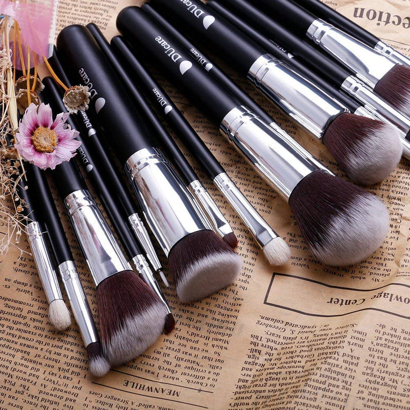[Australia] - DUcare Travel Makeup Brushes 15pcs Professional Cosmetic Brushes Foundation Powder Contour Blush Eye Brush Gift Sets With Luxury Cosmetic Bag for Journey Carry black 