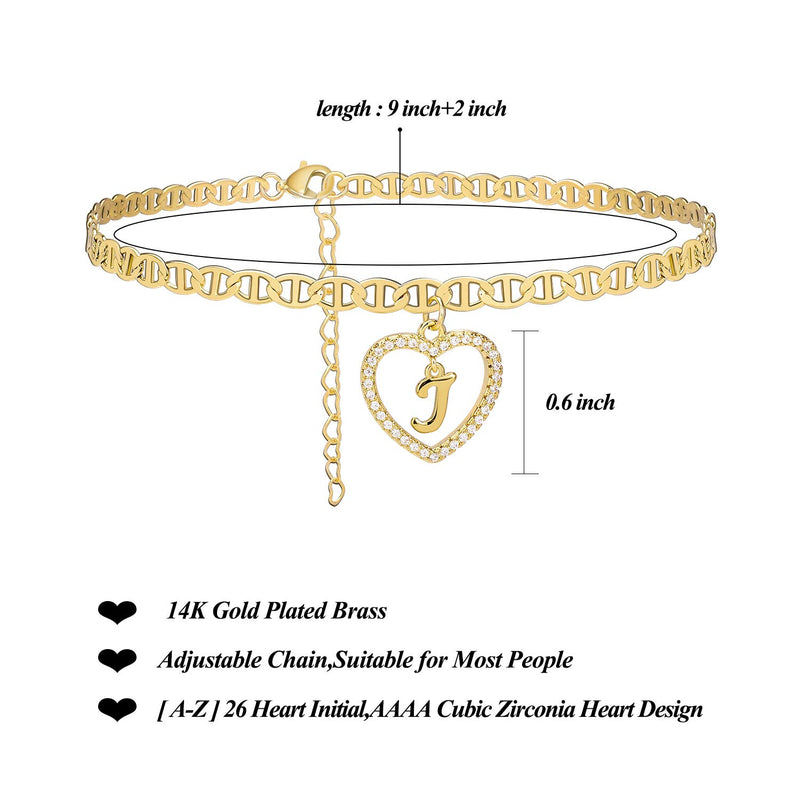 [Australia] - Estendly Initial Anklet 14K Gold Plated Cubic Zirconia Heart Mariner Chain Ankle Bracelets 26 Letters Alphabet Foot Jewelry Gift for Women J 