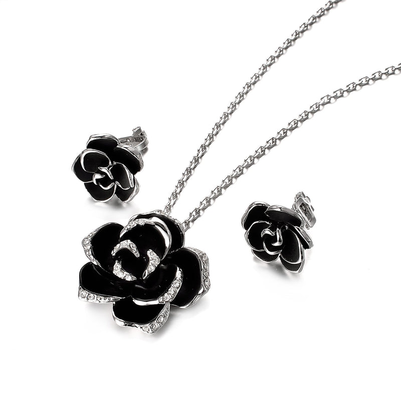 [Australia] - Yoursfs Flower Jewelry Set 18K Rose GP Sexy Flower Lacing with Rhinestones Clip Earrings&Necklace Ladies Jewelry Set Black Rose Jewelry Set 