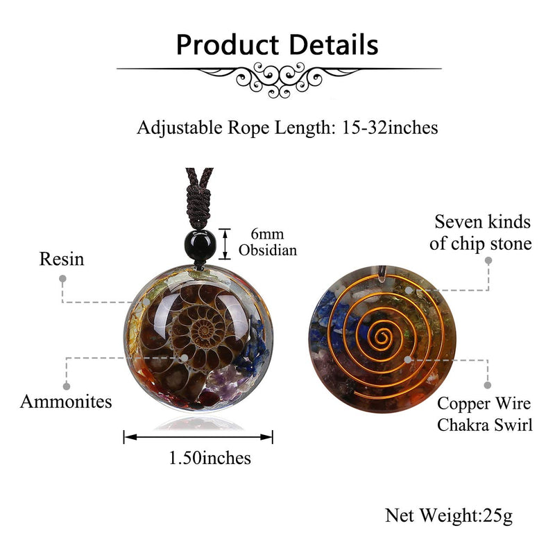 [Australia] - CrystalTears 7 Chakra Healing Crystal Stone Pendant Necklace Round Resin Ammonites Fossil Gemstone Necklace for Women Men Valentines Day Gift 