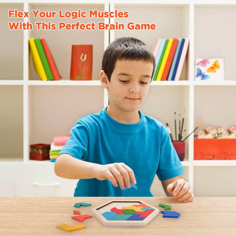 [Australia] - Coogam Wooden Kids Puzzle - Hexagon Shape Pattern Tetris Block Tangram Logic IQ Game STEM Montessori Brain Teaser Toy Gift for Teenagers 
