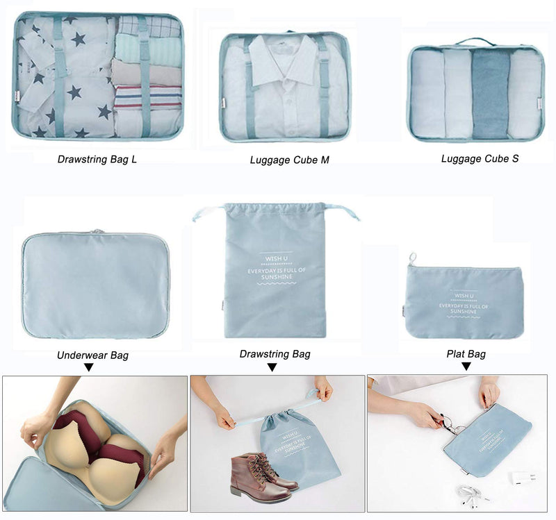 [Australia] - Lightweight 6 Pcs Packing Cubes System, Travel Storage Packing Organizers Laundry Bags Compression Pouches for Luggage (Blue) Blue 