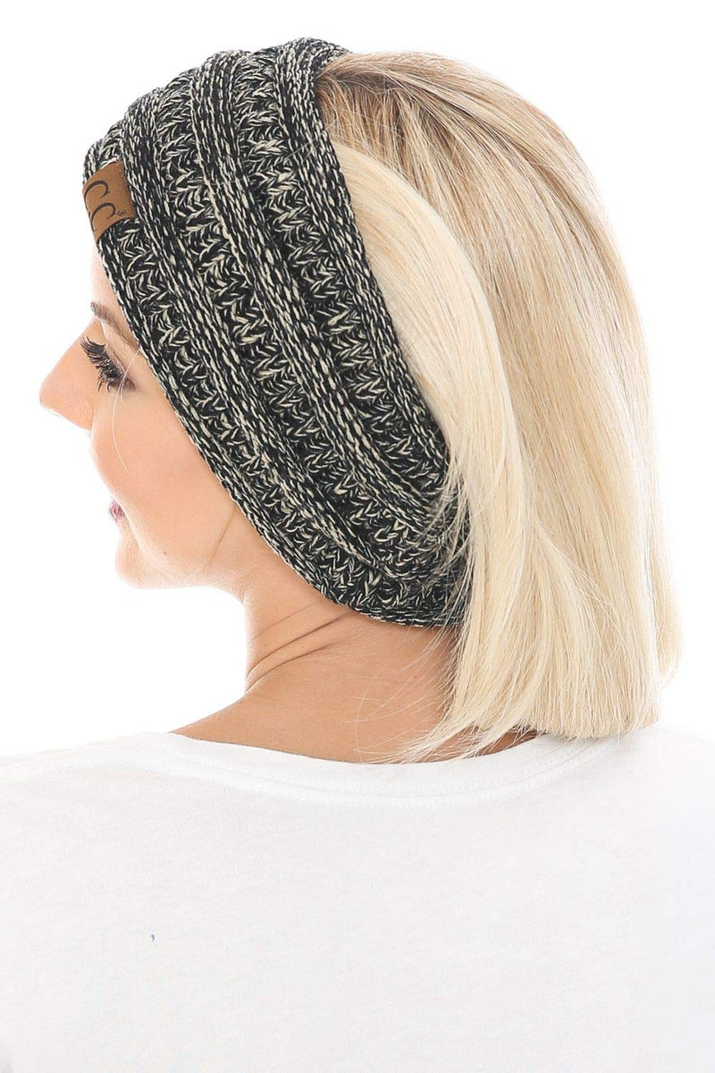 [Australia] - C.C Soft Stretch Winter Warm Cable Knit Fuzzy Lined Ear Warmer Headband 2 Tone Black/Dark Beige 