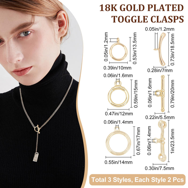 [Australia] - Beebeecraft 6 Sets 3 Style 18K Gold Plated Toggle Jewelry Clasps Connectors Round Ring Toggle T Bar Clasps Sets for Necklace, Bracelet, Earring Making 