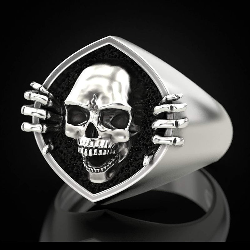 [Australia] - Deyatt Vintage Punk Gothic Skull Men's Ring 925 Sterling Silver Plated Skeleton Head Biker Rings for Men 7 