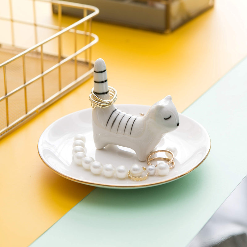 [Australia] - Vellarr White Kitty Adorable Cat Trinket Dish Ring Holder Jewelry Tower Rack Jewel Tray, Lovely White Cat with Striped Tail, 5.3in X3.3in 