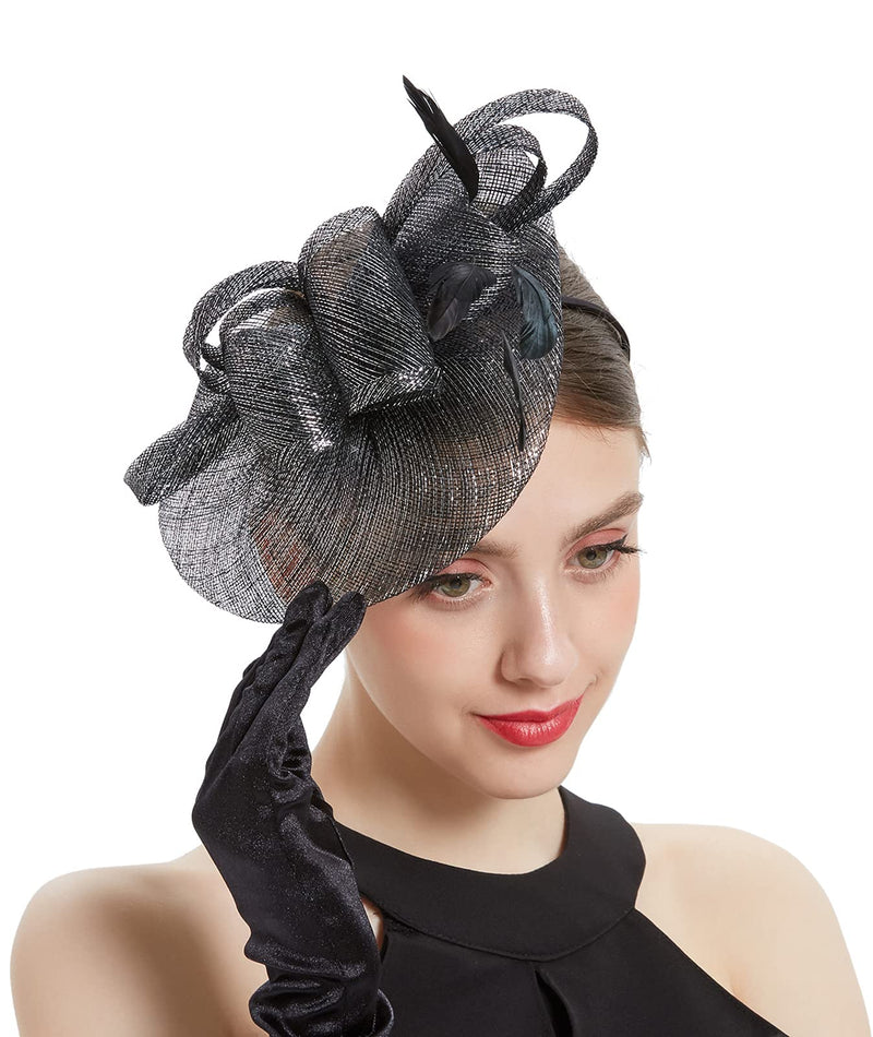 [Australia] - ORIDOOR Women's Fascinator Sinamay Hats for Wedding Tea Party Feather Derby Church Hat with Headband and Clips 21a Black 