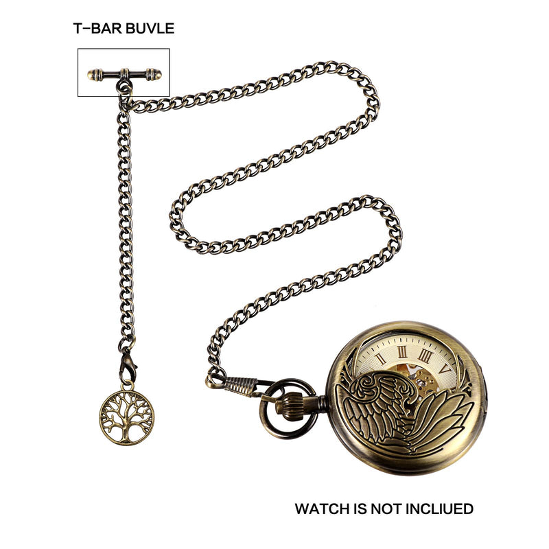 [Australia] - TREEWETO Men's Albert Chain Pocket Watch Curb Link Key Chain 2 Hooks with Antique Life Tree Pendant Design Charm Fob T Bar Bronze 