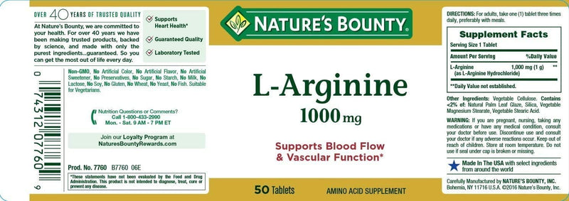 [Australia] - Nature's Bounty L-Arginine, Supports Blood Flow and Vascular Function, 1000 mg, Tablets, 50 Ct 