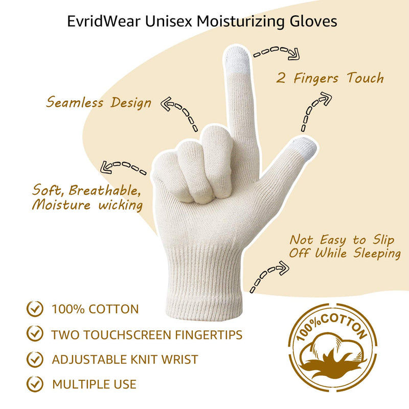 [Australia] - EvridWear Unisex Moisturizing Cotton Gloves with Touchscreen Fingertips for Eczema Beauty Cosmetic Dry Hands Sensitive Irritated Skin Therapy Overnight Bedtime, 6 Pairs, Lightweight-Beige, L/XL 