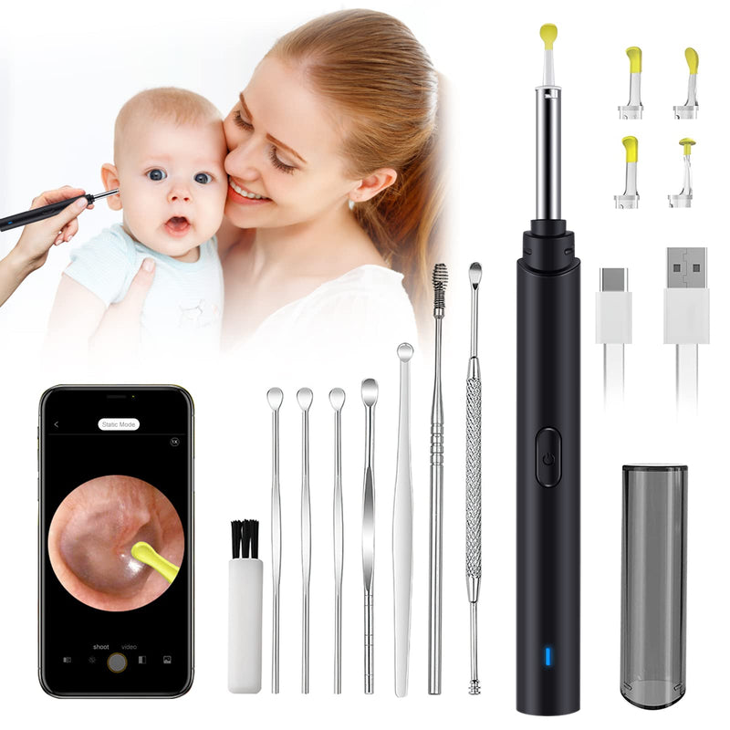 [Australia] - Ear Wax Removal, Hendoct Ear Cleaner Kit, Ear Wax Removal Tool with Camera, with 1080P HD Wireless Ear Otoscope with 6 LED Lights, for Adult, Kids and Pets, for iPhone, iPad, Android Smart Phone Ear picker kits 14pcs Black 
