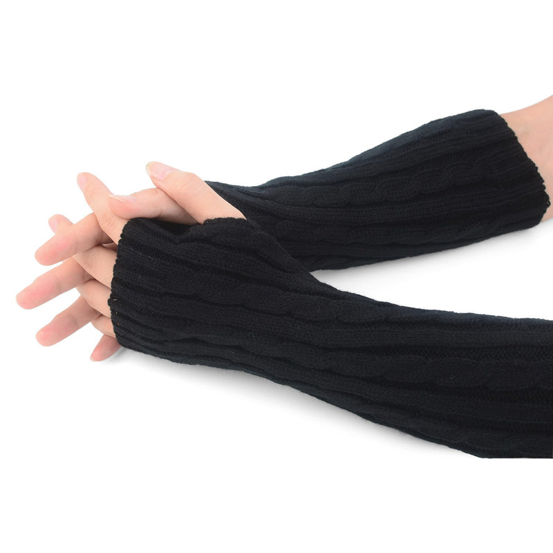 [Australia] - Flammi Women's Cable Knit Arm Warmers Fingerless Gloves Thumb Hole Gloves Mittens Black 