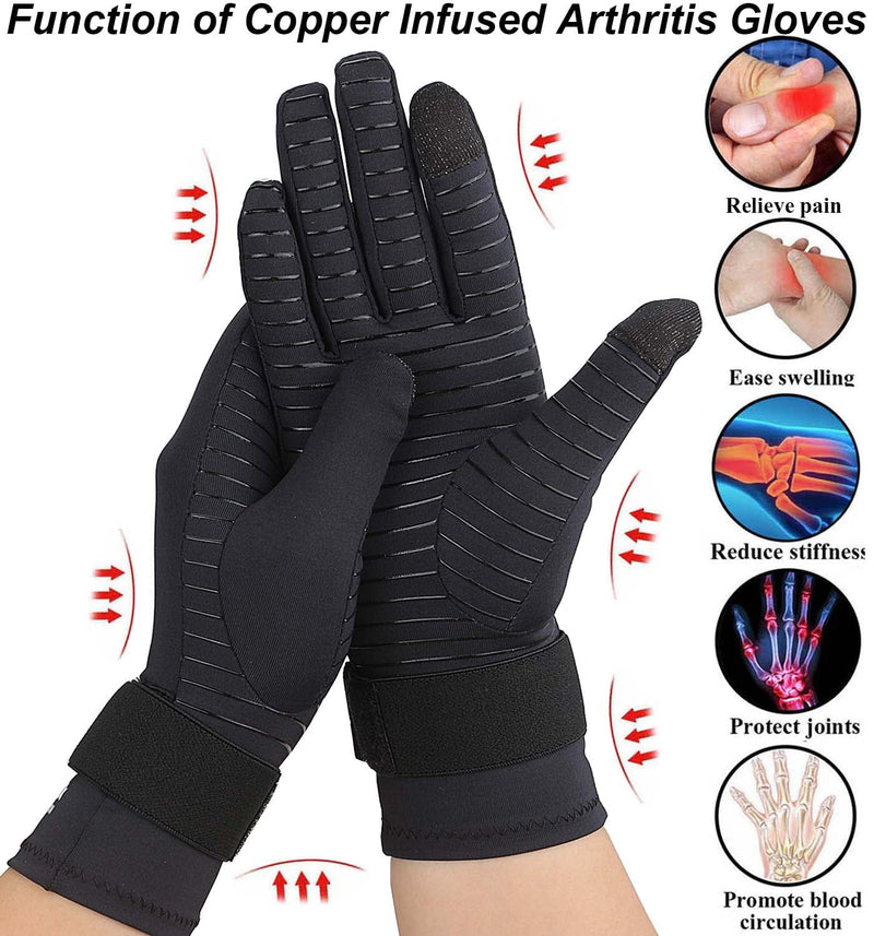 [Australia] - 2 Pairs Full Finger Arthritis Gloves for Women and Men, Copper Compression Gloves for Wrist Support with Adjustable Strap Small-Medium 