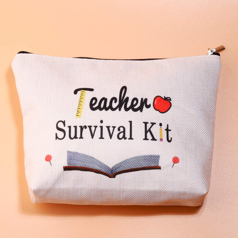 [Australia] - PXTIDY Teacher Survival Kit Teacher Appreciation Gifts Makeup Pouch Cosmetic Bag for Women Teacher Bag Teacher Supplies for Classroom Best Teacher Ever Gift (Beige) Beige 