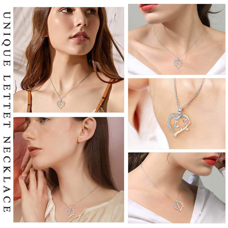 [Australia] - JUSTKIDSTOY Rose Gold Initial Letter Necklaces for Women S925 Sterling Silver Love Heart Letters with Rose Flower Pendant Birthday Jewelry Gifts. L 