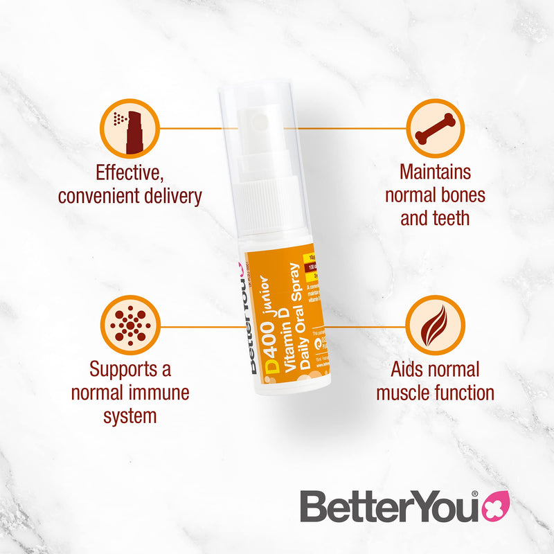 [Australia] - BetterYou Vitamin D 400 IU Junior Daily Oral Spray, Pill-free Vitamin D3 Supplement for Children, 3-month Supply, Made in the UK, Natural Peppermint Flavour 15 ml (Pack of 1) 
