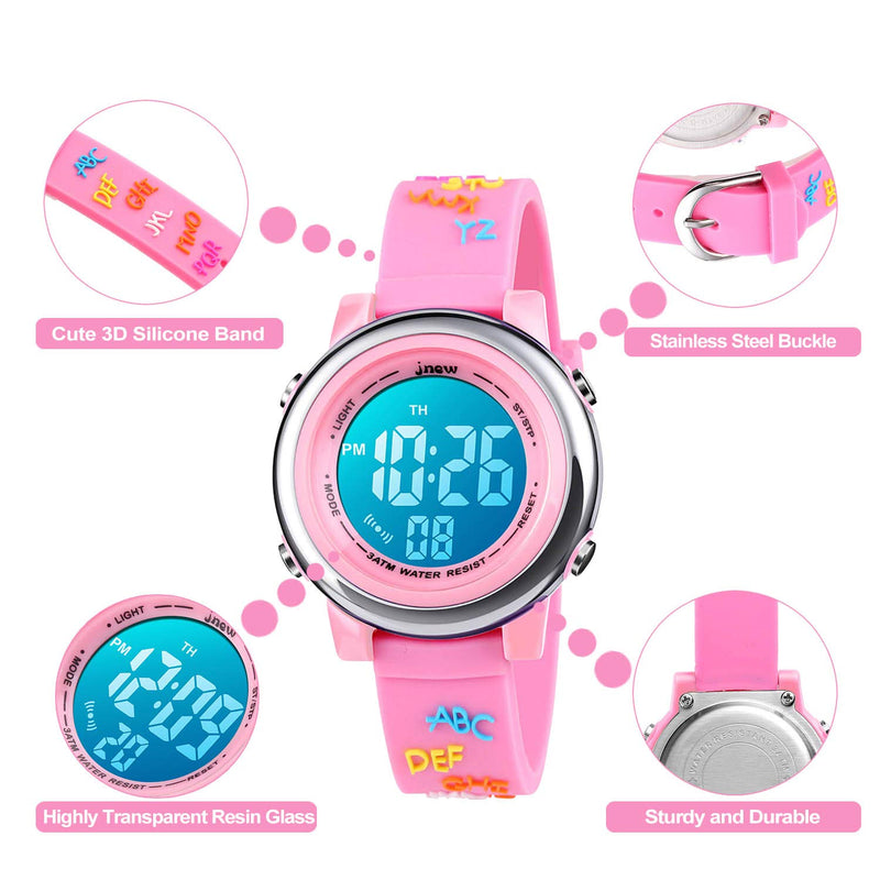 [Australia] - YxiYxi Kids Watches 3D Cute Cartoon Digital 7 Color Lights Toddler Wrist Watch with Waterproof Sports Outdoor LED Alarm Stopwatch Silicone Band for 3-10 Year Boys Girls Little Child Alphabet pink 