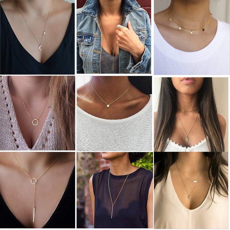 [Australia] - Dremcoue 12 Pcs Layered Choker Necklace for Women Girls Handmade Dainty Chain Necklace Set Pearl Coin Circle Bar Moon CZ Star Pendant Necklace 16 Pcs Gold 