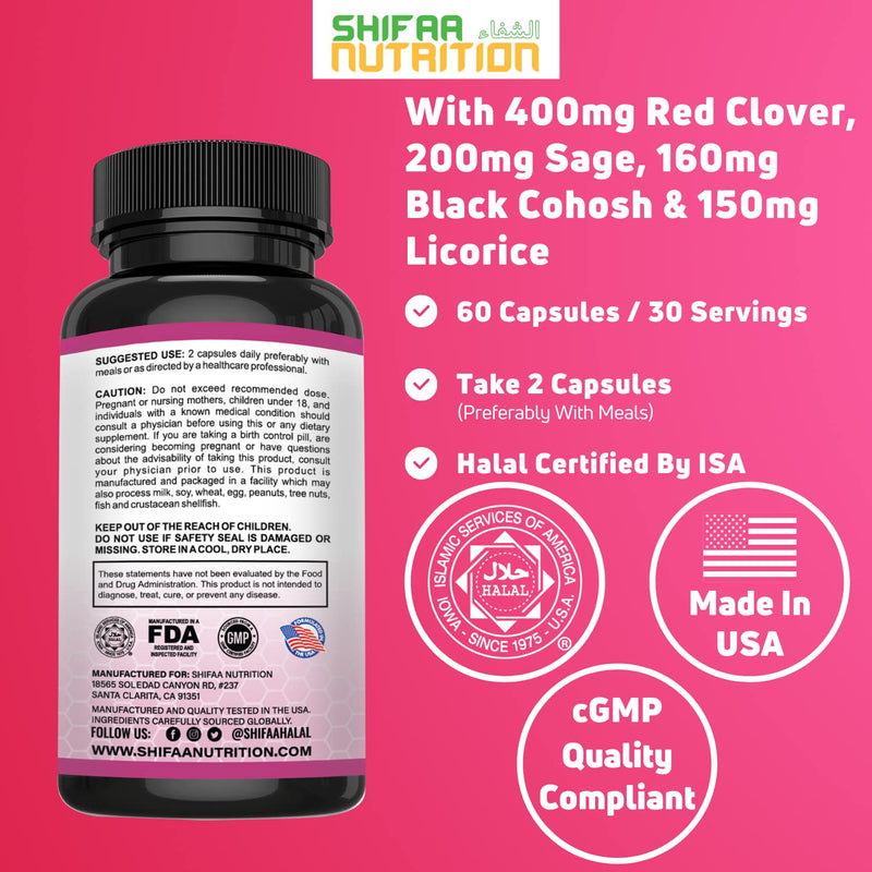 [Australia] - Hormones Balance & Menopause Supplements for Women, Menopause Relief - Support for Hot Flashes, Mood Swings w/Black Cohosh & Red Clover | SHIFAA NUTRITION | Halal Vitamins, 30 Servings 