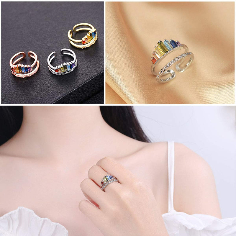[Australia] - yfstyle Rainbow Rings for Women Rainbow Ring Double Band Adjustable Open Stacking Rainbow Rings Rainbow Ring Band Rainbow Ring for Daughter Bestie Rings silver 