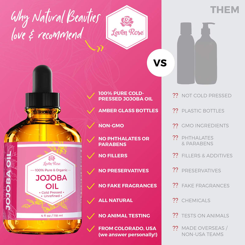 [Australia] - Jojoba Oil by Leven Rose, Pure Cold Pressed Natural Unrefined Moisturizer for Skin Hair Body and Nails 4 oz 