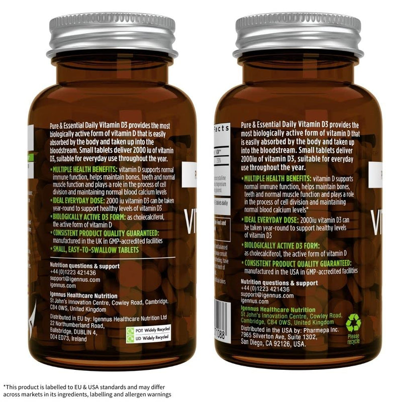 [Australia] - Pure & Essential Daily Vitamin D3 2000iu, 1-Year Supply, Vegetarian, 365 Small Tablets 