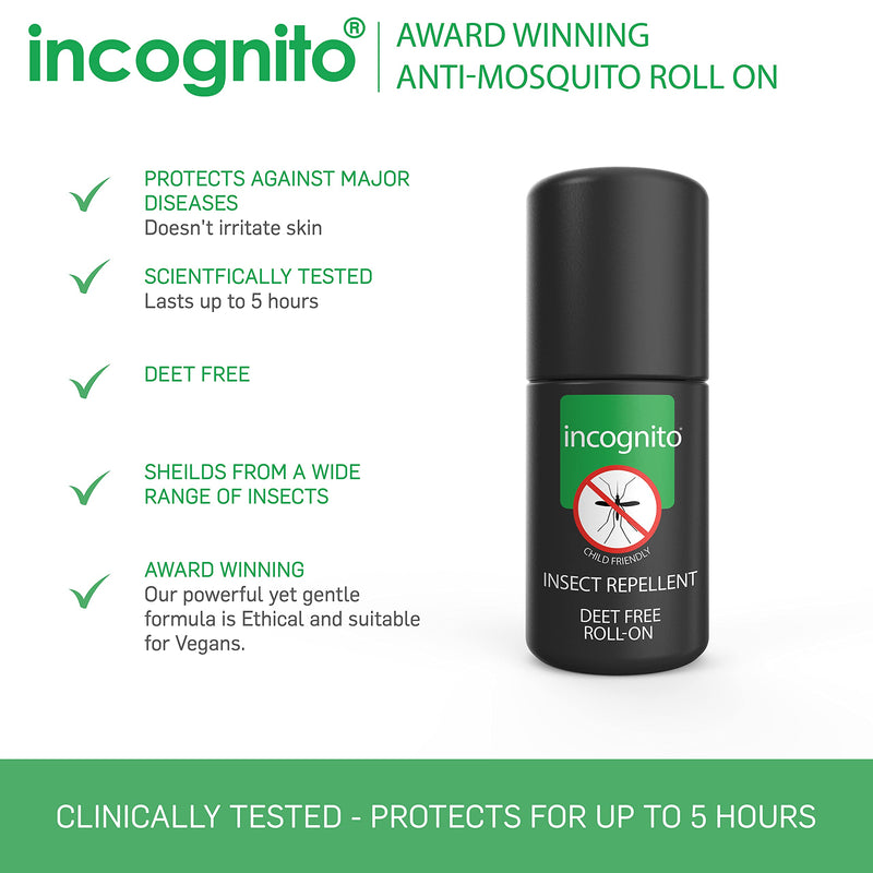 [Australia] - INCOGNITO Insect Repellent Roll on 50 ml - Maximum Strength, Vegan, DEET free formula - Mosquito Repellent and Effective On All Biting Insects - Travel Friendly - Bug Repellent Suitable for Humans, Transparent 