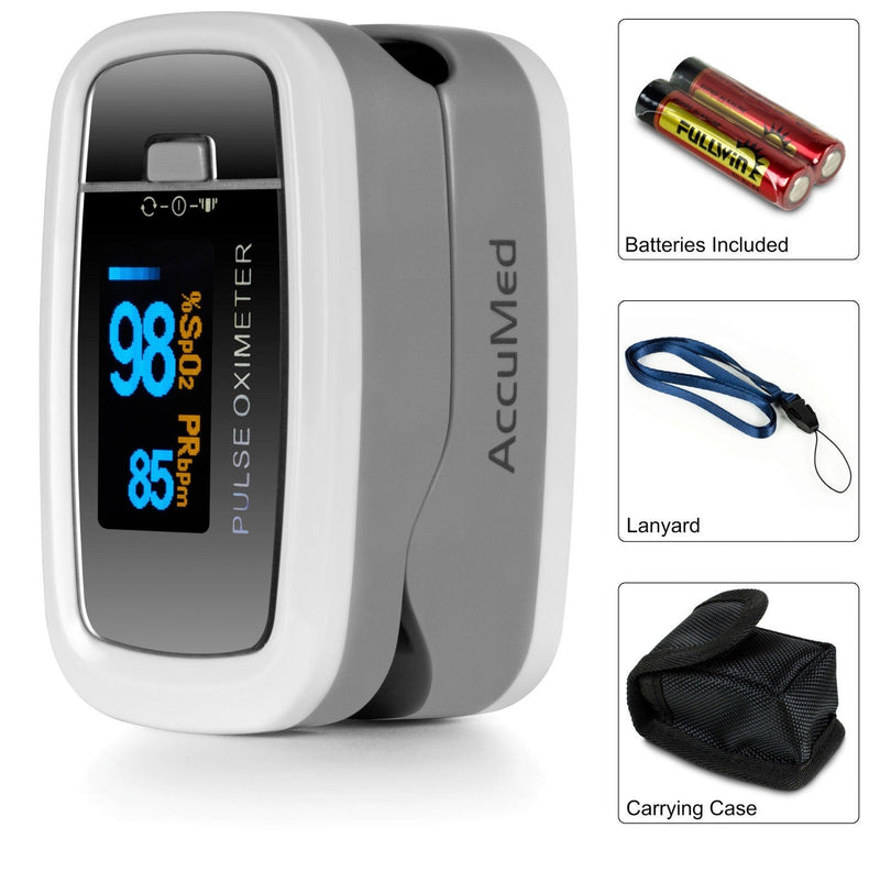 [Australia] - AccuMed CMS-50D1 Fingertip Pulse Oximeter Blood Oxygen Sensor SpO2 for Sports and Aviation. Portable and Lightweight with LED Display, 2 AAA Batteries, Lanyard and Travel Case (White) 