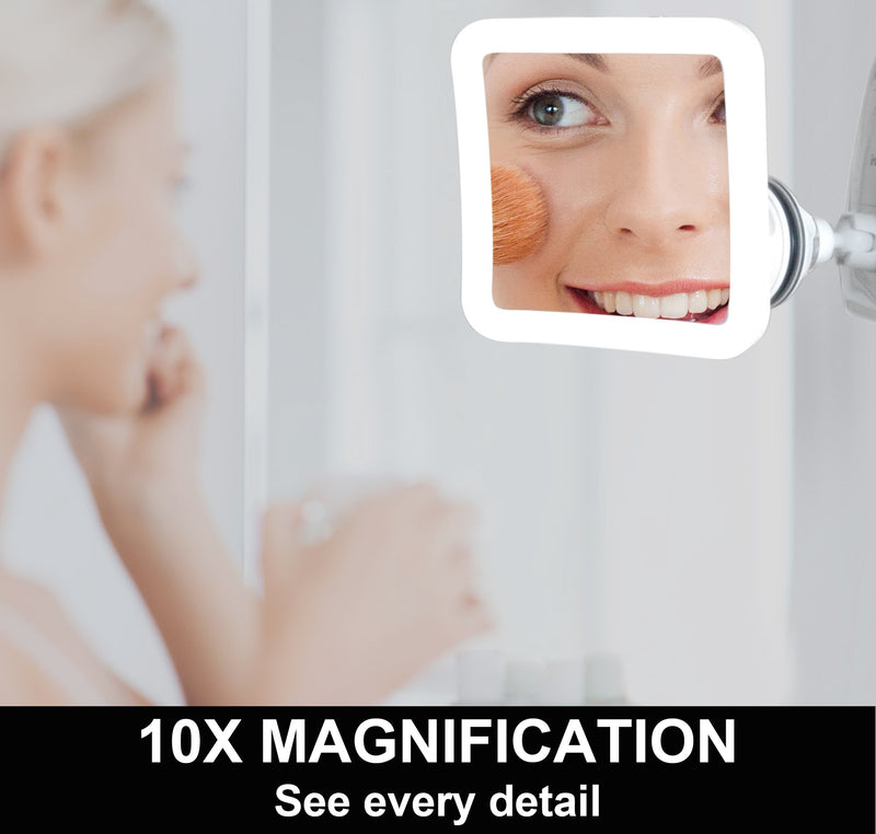 [Australia] - Fancii 10X Magnifying Lighted Makeup Mirror - Daylight LED Vanity Mirror - Compact, Cordless, Locking Suction, 6.5" Wide, 360 Rotation, Portable Illuminated Bathroom Mirror (Square) 