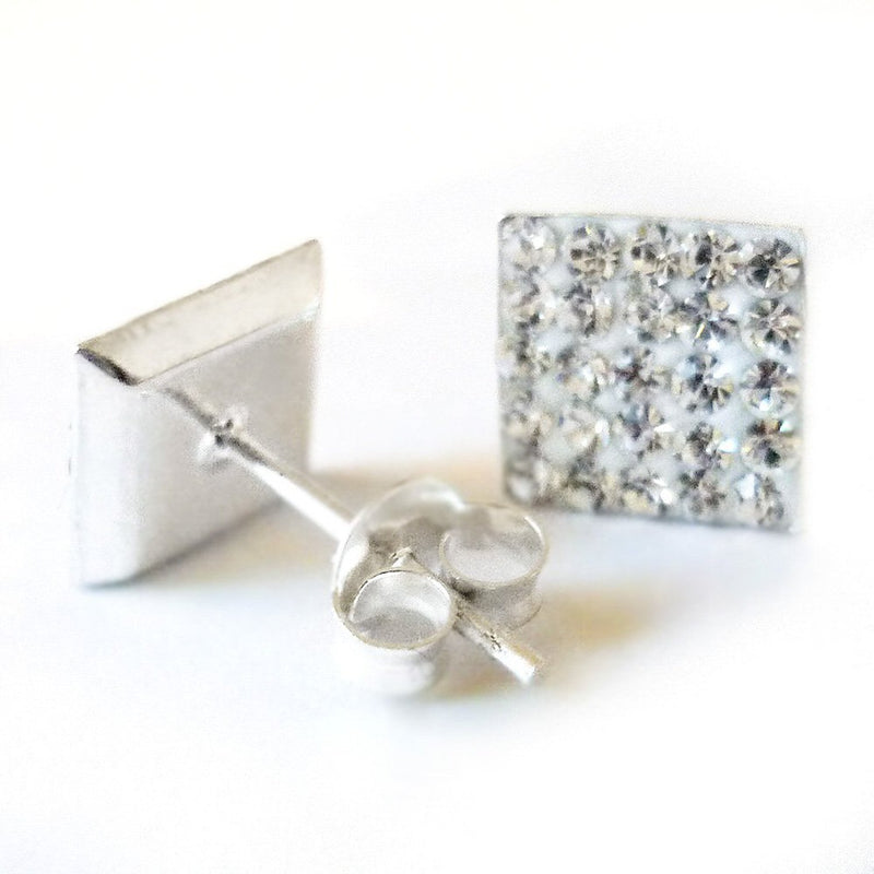 [Australia] - 8MM Bling MENS Square Micro Pave Austrian Crystal Sterling Silver Stud Earrings – White/Clear - Beckham Style 
