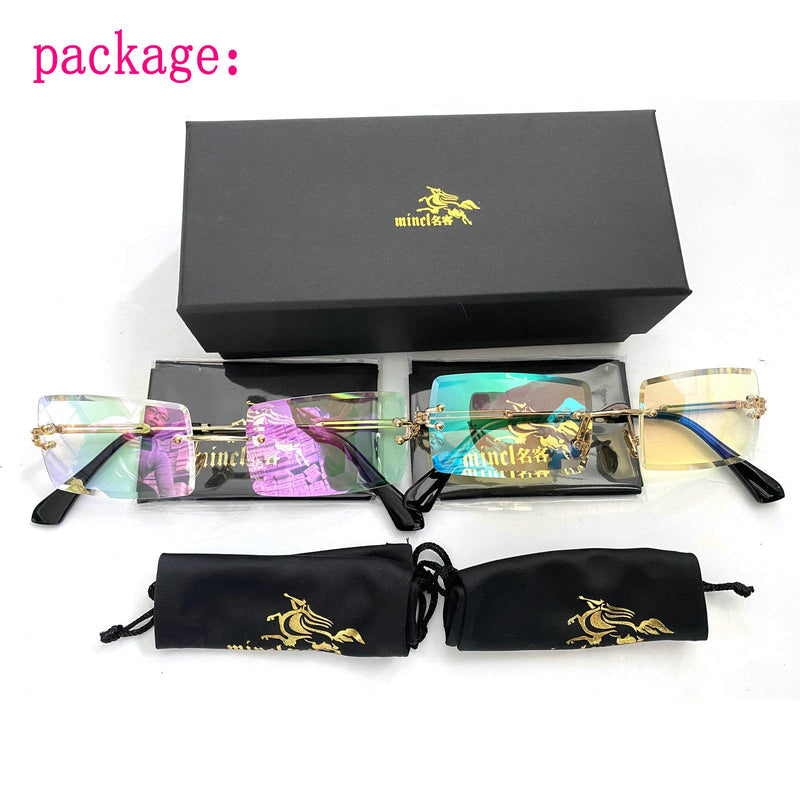 [Australia] - MINCL/Fashion Small Rectangle Sunglasses Women Ultralight Candy Color Rimless Ocean Sun Glasses 2pcs-pink Mirror&green Mirror 