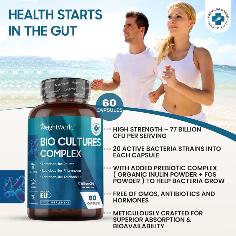 [Australia] - Bio Cultures Complex 77 Billion CFU - 20 Live Bacterial Cultures with Prebiotics - 60 Vegan Capsules - Gut Health & Digestive Enzyme Supplement With Lactobacillus Acidophilus, Reuteri, Bifidobacterium 