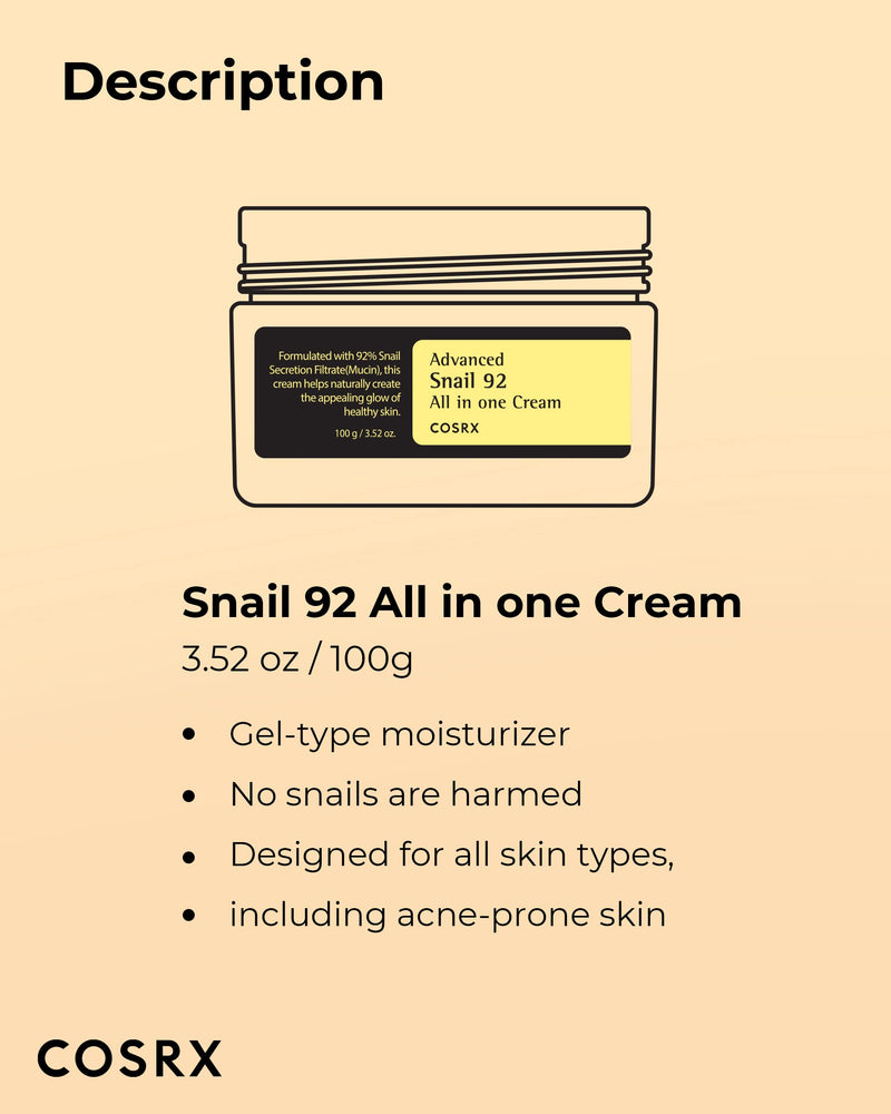 [Australia] - COSRX Advanced Snail 92 All in one Cream, 3.53 oz / 100g | Snail Secretion Filtrate 92% for Moisturizing | Korean Skin Care 