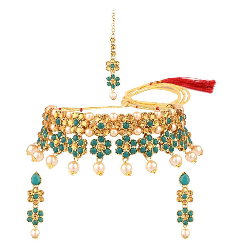 [Australia] - Efulgenz Indian Jewelry Choker Kundan Crystal Floral Necklace Earrings Maang Tikka Head Chain Bollywood Wedding Bridal Set Green 