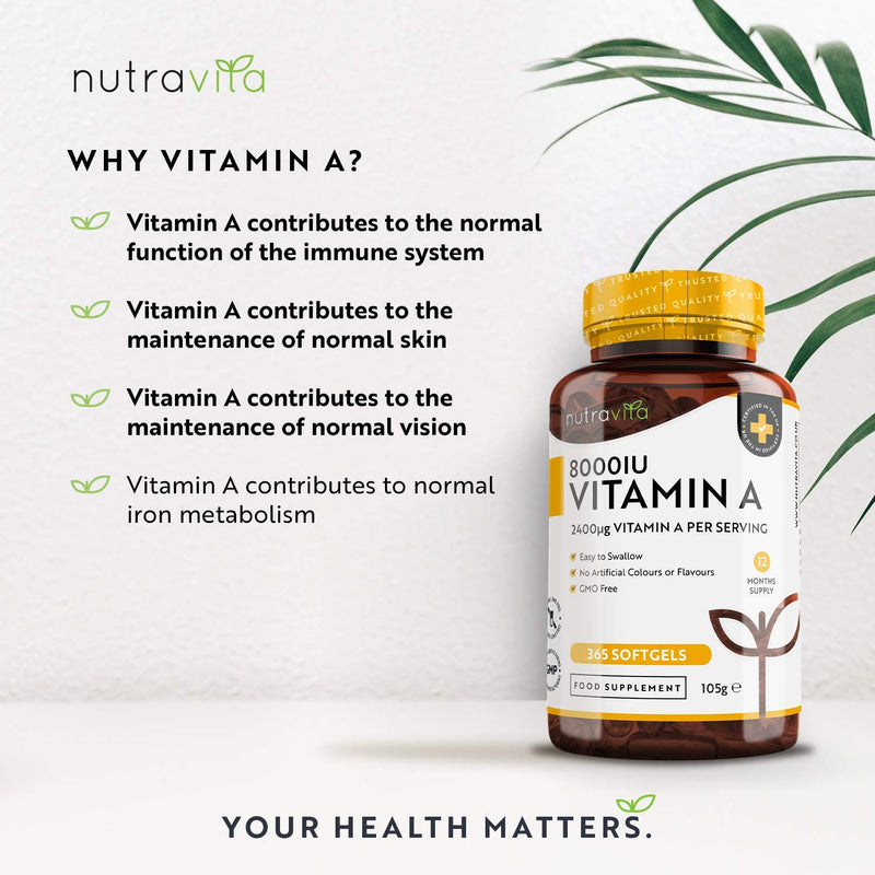 [Australia] - Vitamin A 8,000IU – 365 Softgels – Vitamin A Supplement for Normal Skin, Eyes & Immune System – No Soybean or Fish Liver Oil – 2400μg Vitamin A Capsules not Tablets – Made in The UK by Nutravita 