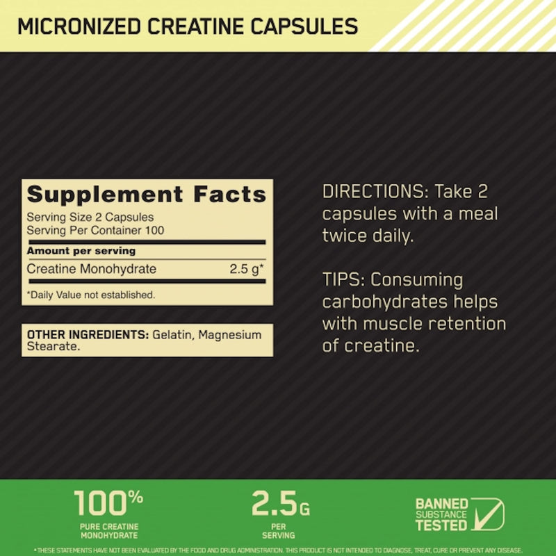 [Australia] - Optimum Nutrition Micronized Creatine Monohydrate Capsules, Keto Friendly, 2500mg, 200 Capsules (Packaging May Vary) 200 Count (Pack of 1) 