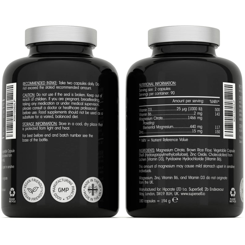 [Australia] - Magnesium Citrate Supplement with Zinc, Vitamin B6 and D3 - High Strength 180 Capsules - 1466mg Magnesium Supplements for Women & Men - Magnesium Complex Tablets Providing 440mg Elemental Magnesium 