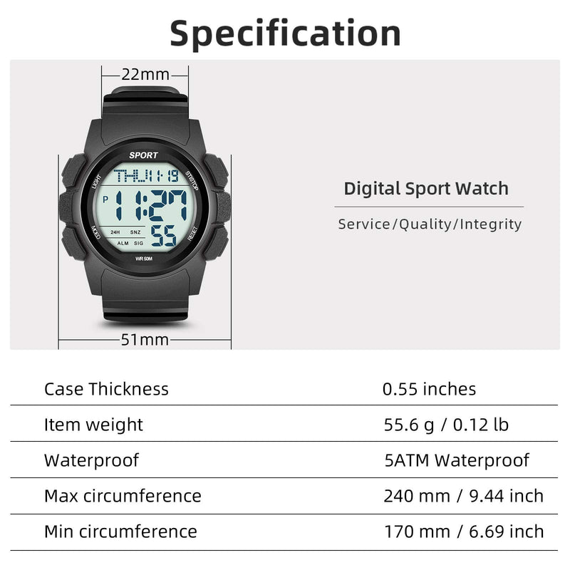 [Australia] - Beeasy Mens Digital Sports Watch Waterproof with Stopwatch Countdown Timer Alarm Mode Dual Time Watch for Men Black 
