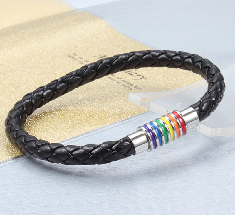[Australia] - Nanafast Titanium Stainless Steel Magnet Rainbow LGBT Pride Handmade Braided Bracelet PU Leather Weave Plaited Jewelry 2 Pack (7.48" Lesbian/Female)) 