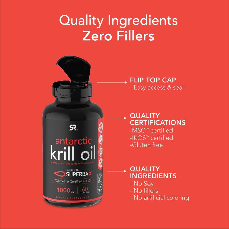 [Australia] - Sports Research Krill Oil Supplement with EPA & DHA Omega 3, Phospholipids & Astaxanthin from Antarctic Krill - Highest Concentration of Krill Oil for Men & Women - 1000mg, 60 Softgel Capsules 60 Count (Pack of 1) 1,000mg 