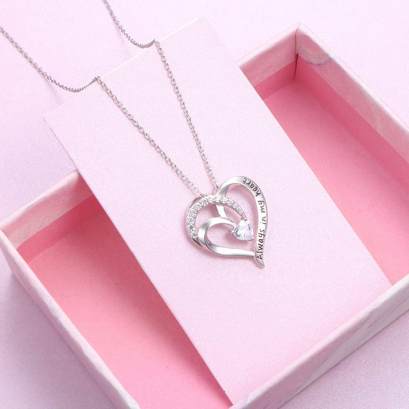 [Australia] - 925 Sterling Silver Jewelry Engraved Cubic Zirconia Pendant Necklace for Women Girls Mom Wife Birthday Gift Love Heart Necklaces always in my heart 