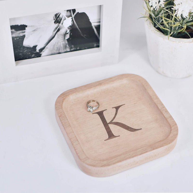 [Australia] - Solid Wood Personalized Initial Letter Jewelry Display Tray Decorative Trinket Dish Gifts For Rings Earrings Necklaces Bracelet Watch Holder (6"x6" Sq Natural "K") ุ6"x6" Sq Natural "K" 