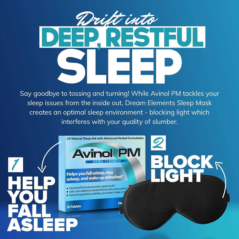 [Australia] - Avinol PM Extra Strength and Dream Elements Sleep Mask | All-in-One Natural Sleep Aid (30 ct) - 100% Pure Mulberry Silk Eye Mask (with Foam Ear Plugs & Anti Snoring Nose Clip) (2 Items) 