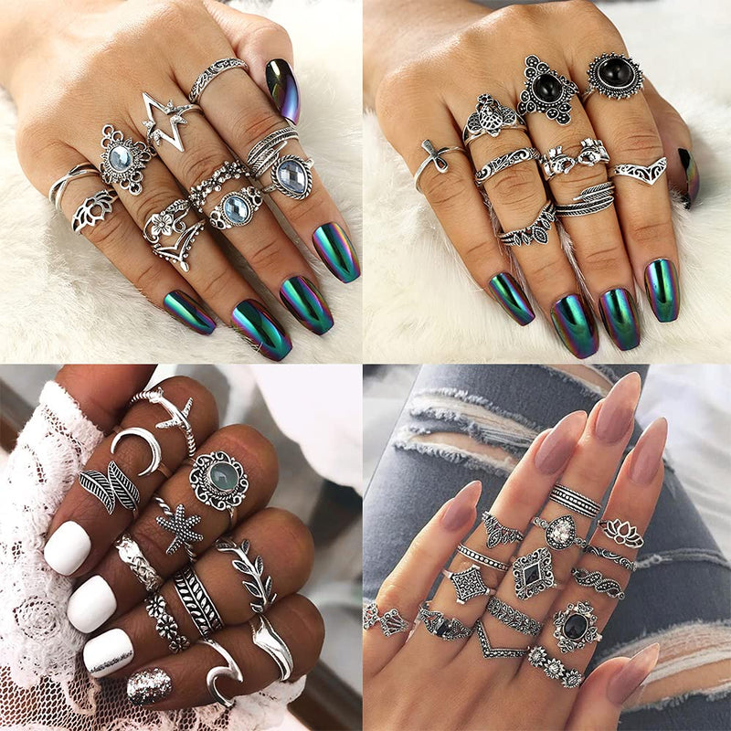[Australia] - 80Pcs Vintage Knuckle Rings Set,Silver Rings for Women Teen Girls,Stackable Midi Finger Rings,Bohemian Punk Snake Butterfly Elephant Rings Fashion Rings Pack Jewelry 