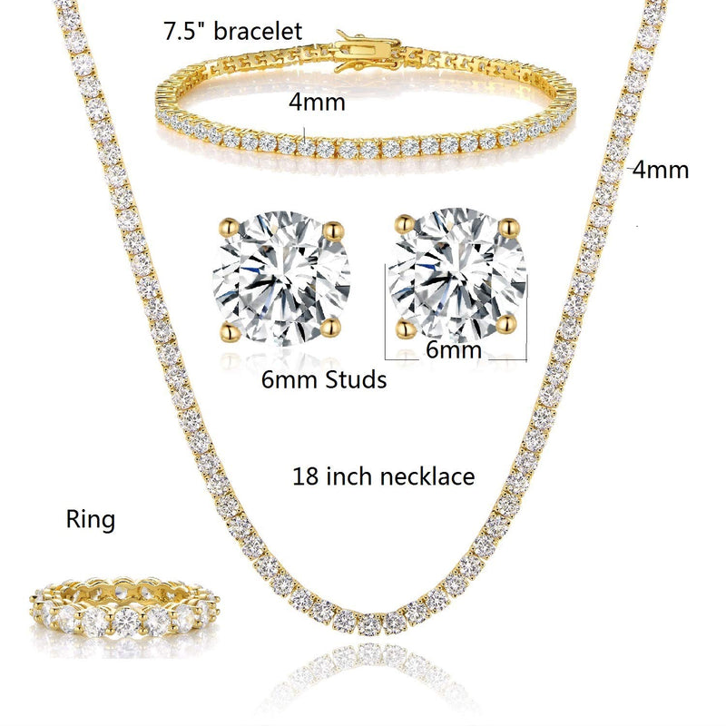 [Australia] - GEMSME 18K Yellow Gold Plated Tennis Necklace/Bracelet/Earrings/Band Ring Sets Pack of 4 5 