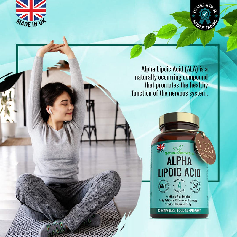 [Australia] - 120 Alpha Lipoic Acid (ALA) 100mg Capsules - (4 Months Supply) Food Supplement Nervous System Support - UK Manufactured 